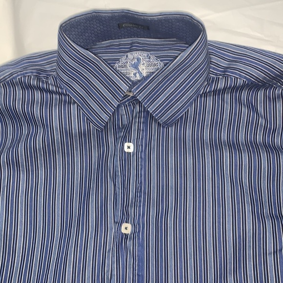 𝅺MEN’S Bugatchi Blue & White Striped Button Down Long Sleeve Shirt Size L - Picture 1 of 6